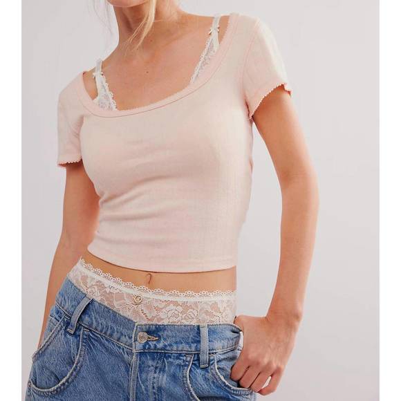NEW FREE PEOPLE end game pointelle baby tee in peach dust - Picture 1 of 3